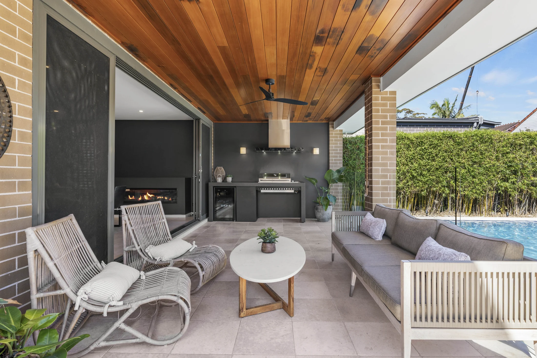 Timber-lined alfresco overlooking the pool